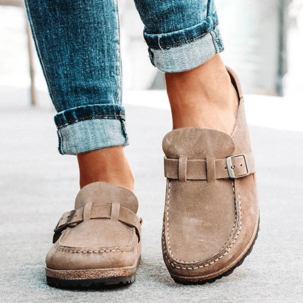 Women's moc toe loafers with buckle straps and flat soles