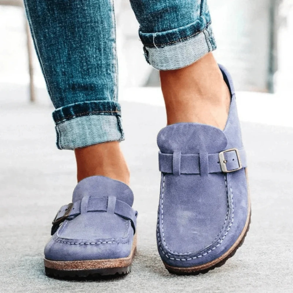 Women's moc toe loafers with buckle straps and flat soles