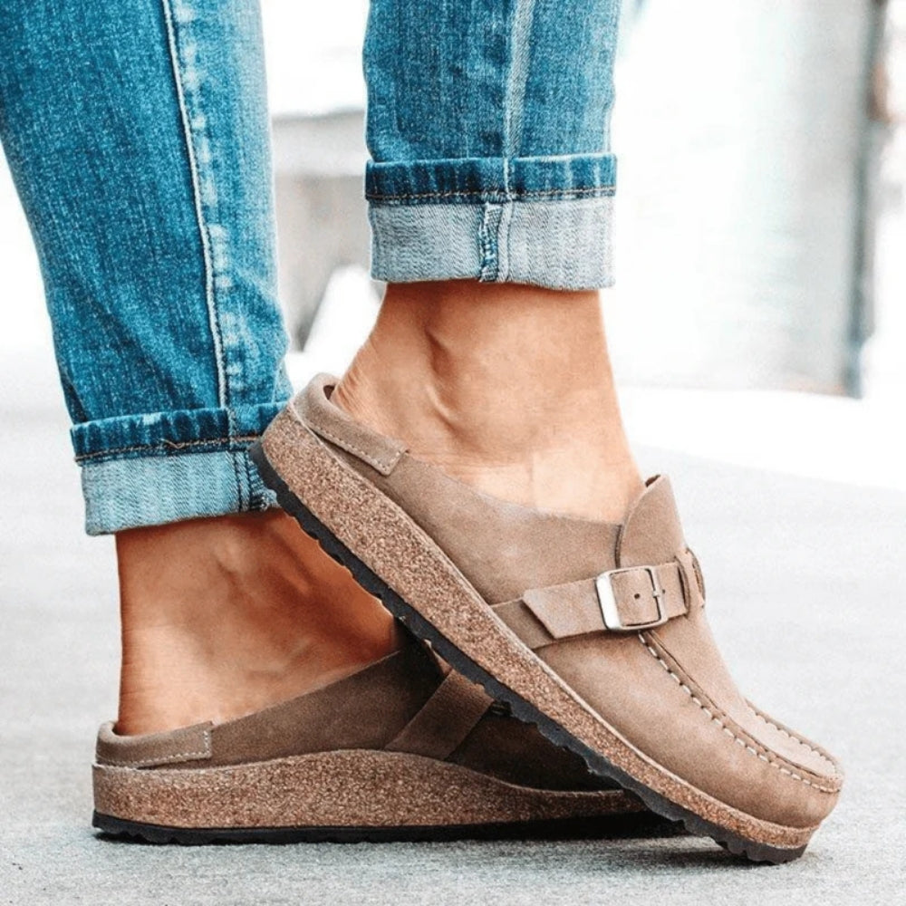 Women's moc toe loafers with buckle straps and flat soles