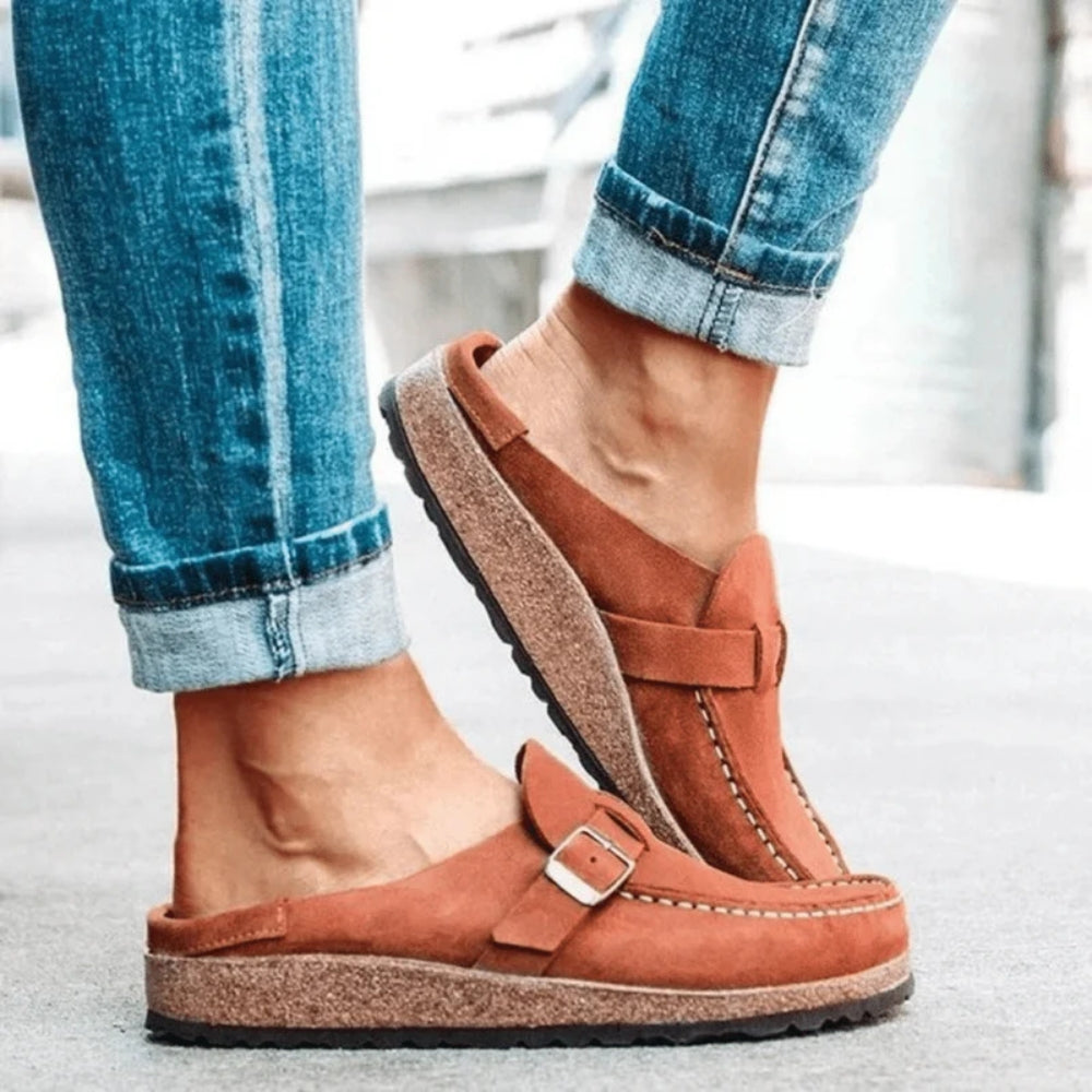 Women's moc toe loafers with buckle straps and flat soles