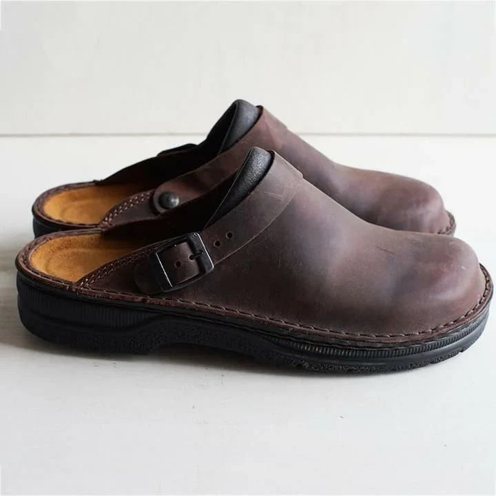Men's Leather Clog Buckle Strap Slip-On - Dark Brown