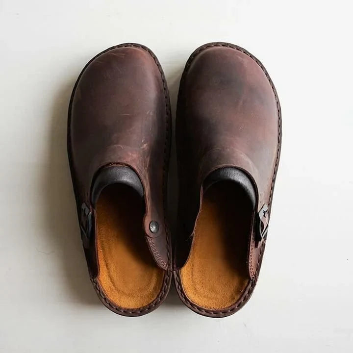 Men's Leather Clog Buckle Strap Slip-On - Dark Brown