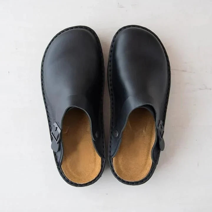 Men's Leather Clog Buckle Strap Slip-On - Black