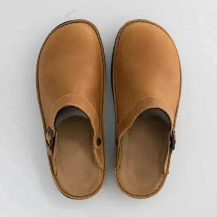 Men's Leather Clog Buckle Strap Slip-On - Beige