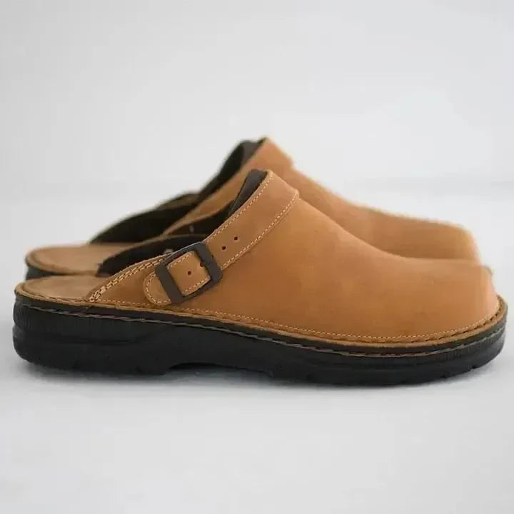 Men's Leather Clog Buckle Strap Slip-On - Beige