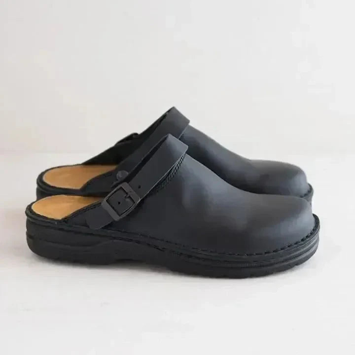 Men's Leather Clog Buckle Strap Slip-On - Beige