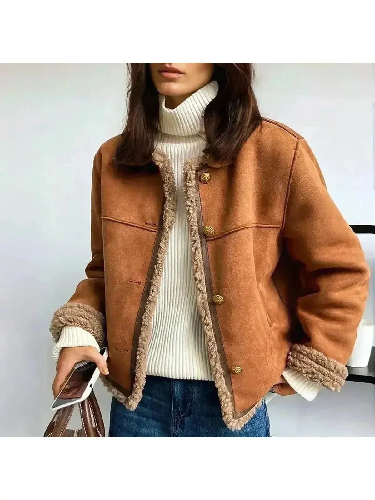 Women's brown cropped jacket with textured trim and gold-tone buttons