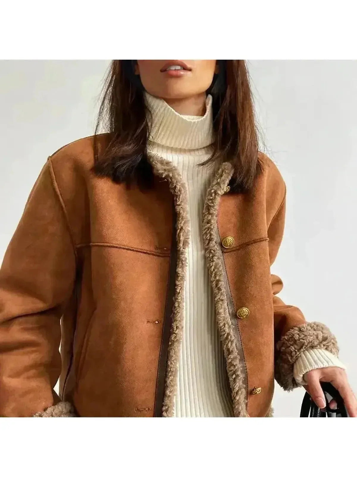 Women's brown cropped jacket with textured trim and gold-tone buttons