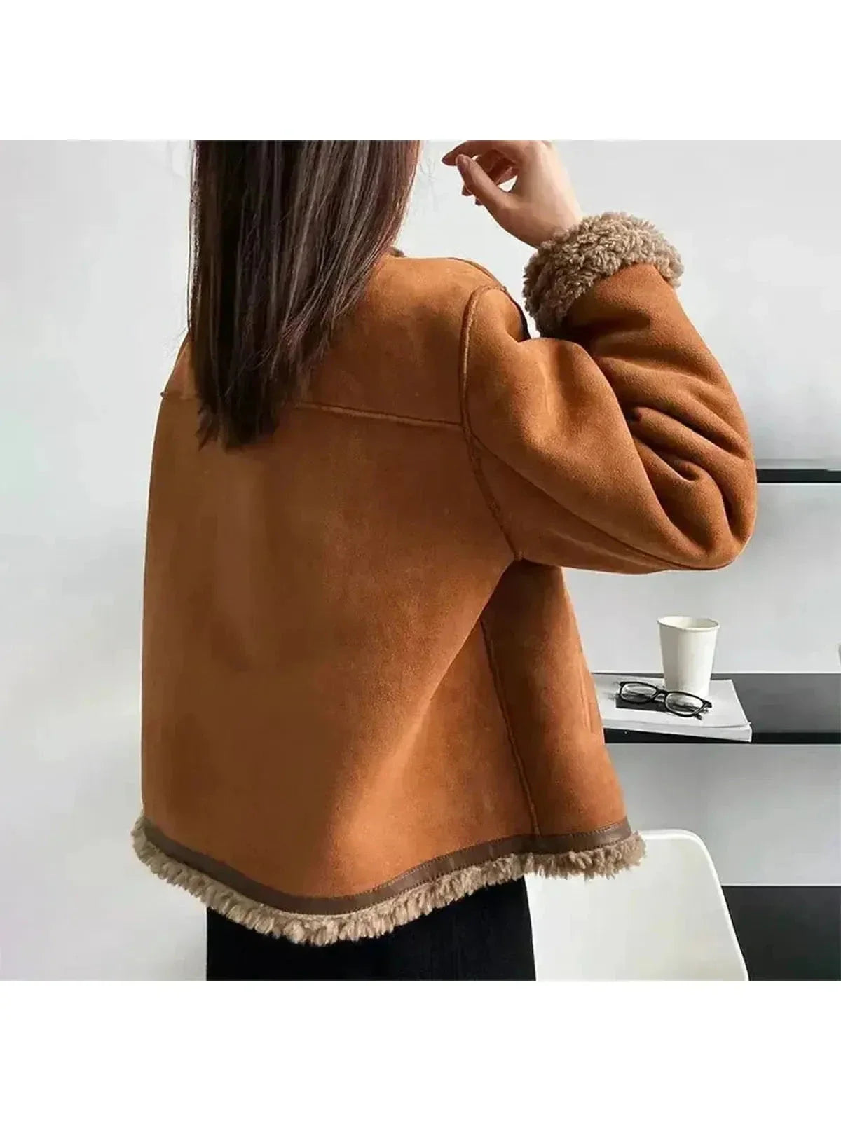 Women's brown cropped jacket with textured trim and gold-tone buttons