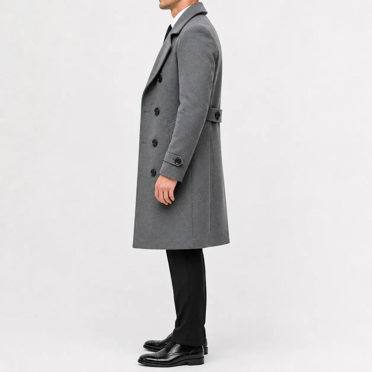 Men's long double-breasted trench coat with notched lapels and buttoned cuff tabs