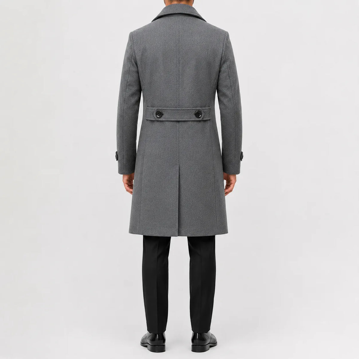 Men's long double-breasted trench coat with notched lapels and buttoned cuff tabs