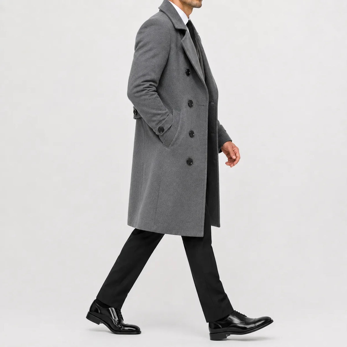 Men's long double-breasted trench coat with notched lapels and buttoned cuff tabs