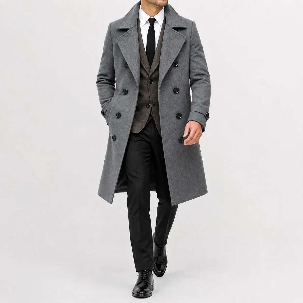 Men's long double-breasted trench coat with notched lapels and buttoned cuff tabs