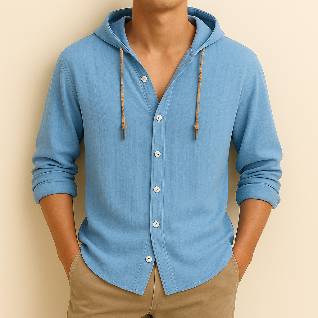 Men's long-sleeved hooded button shirt with drawstrings and curved hem