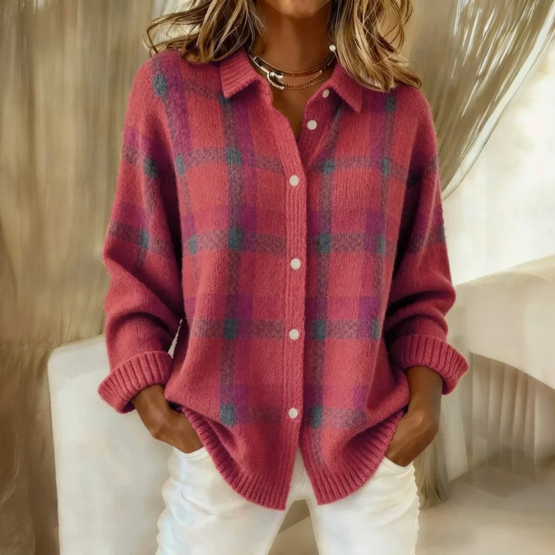 Women's long-sleeved checked collared jumper with button front and ribbed trims