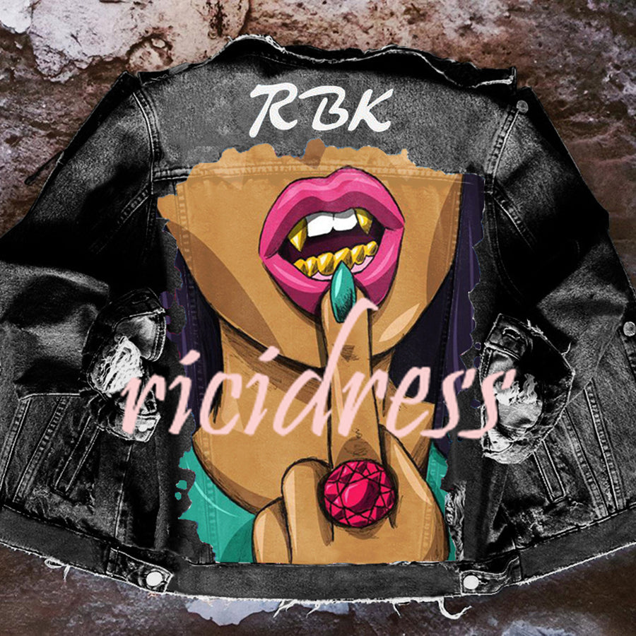 Unisex graphic denim jacket with illustrated back artwork and long sleeves