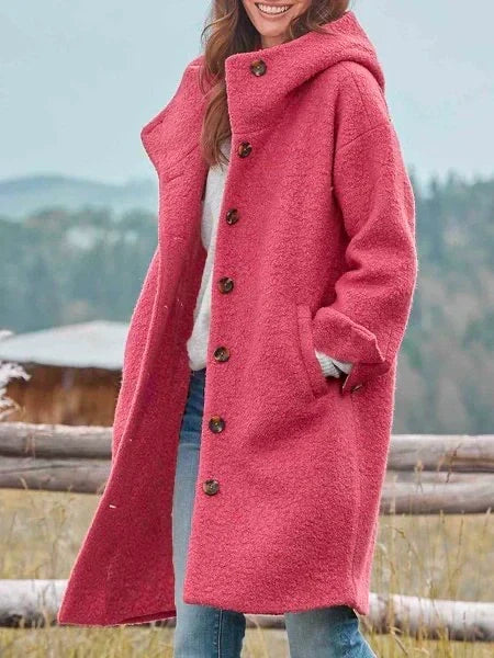 Women's hooded longline coat with button front, long sleeves and large pockets