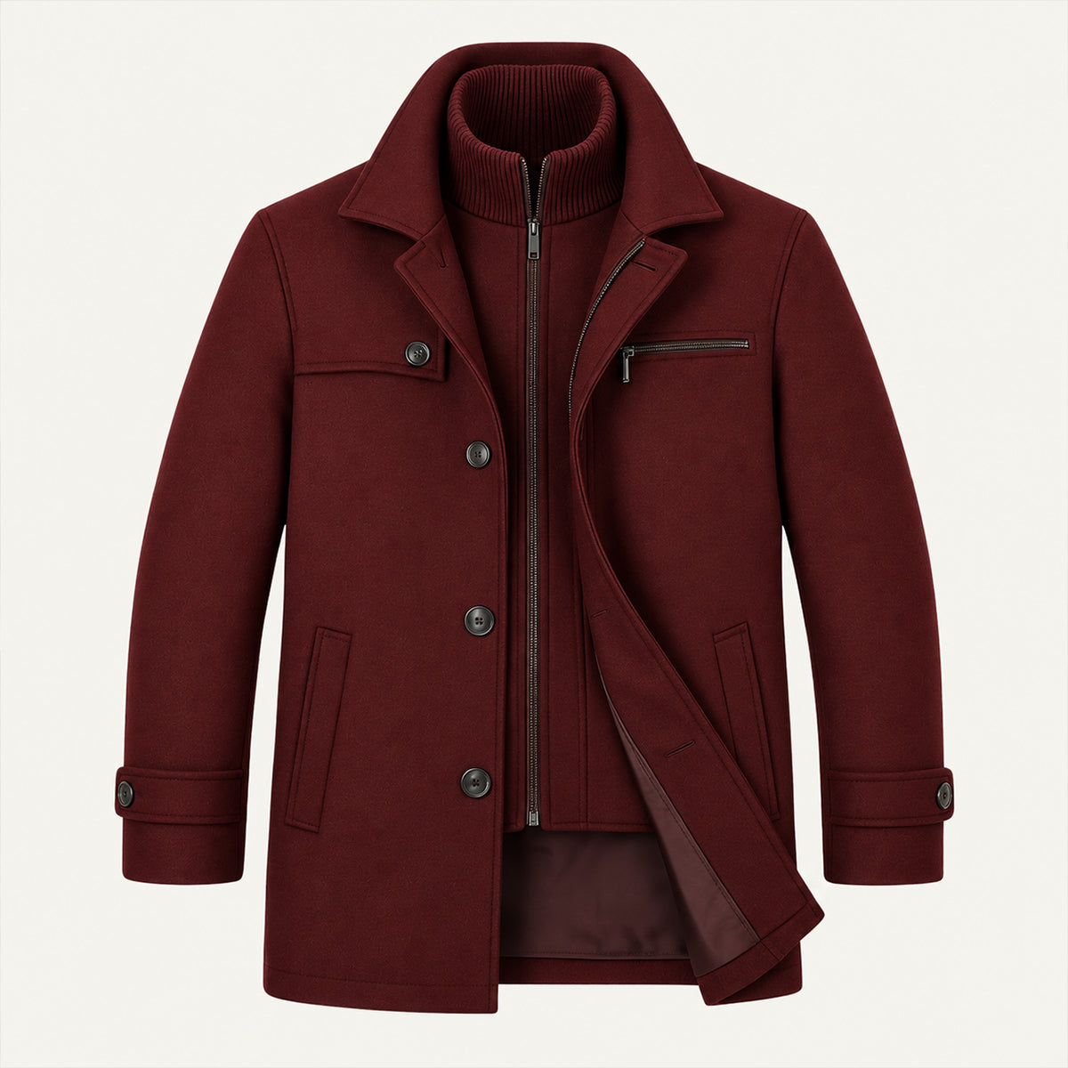 Men's structured winter coat with button front, chest zip pocket and adjustable cuffs