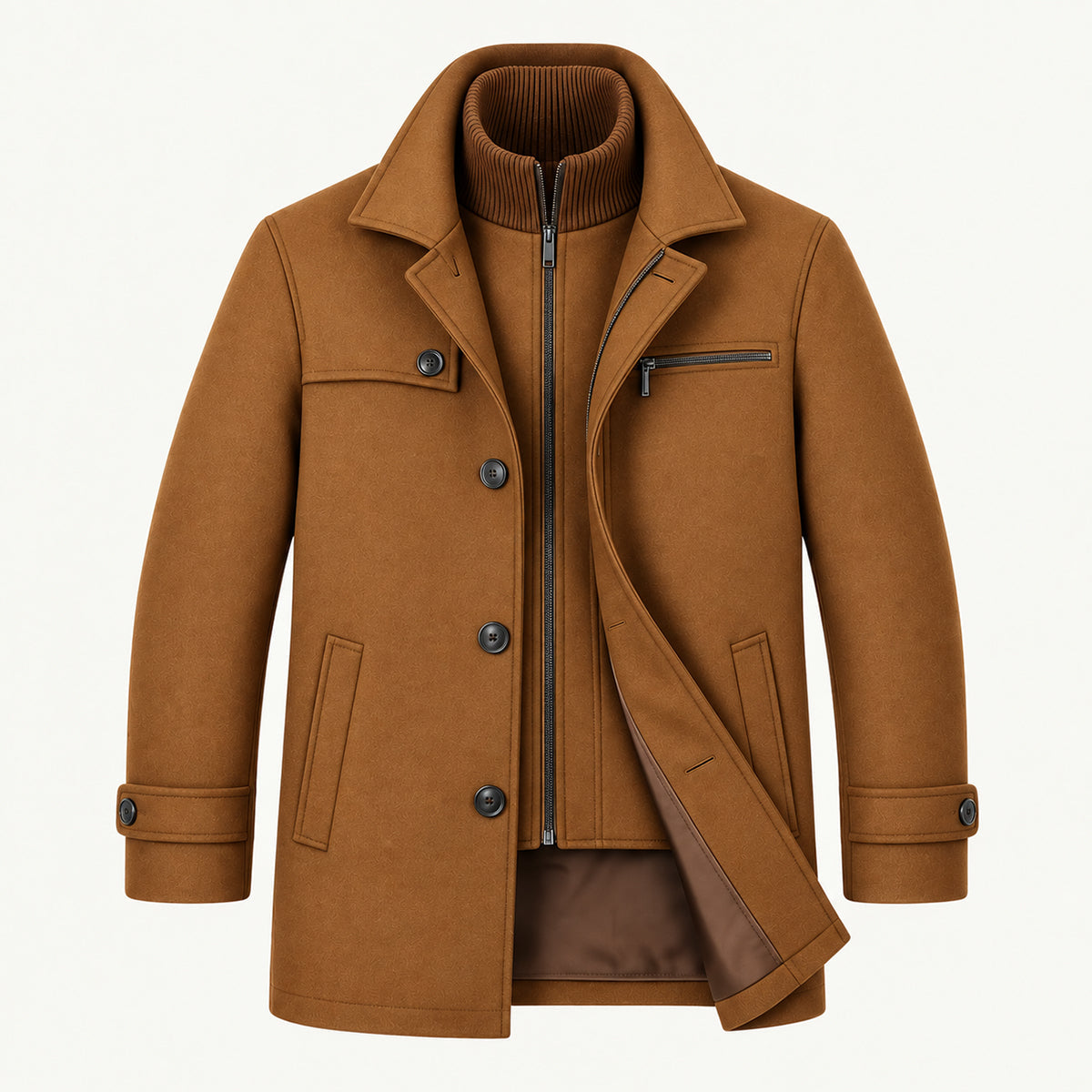 Men's structured winter coat with button front, chest zip pocket and adjustable cuffs