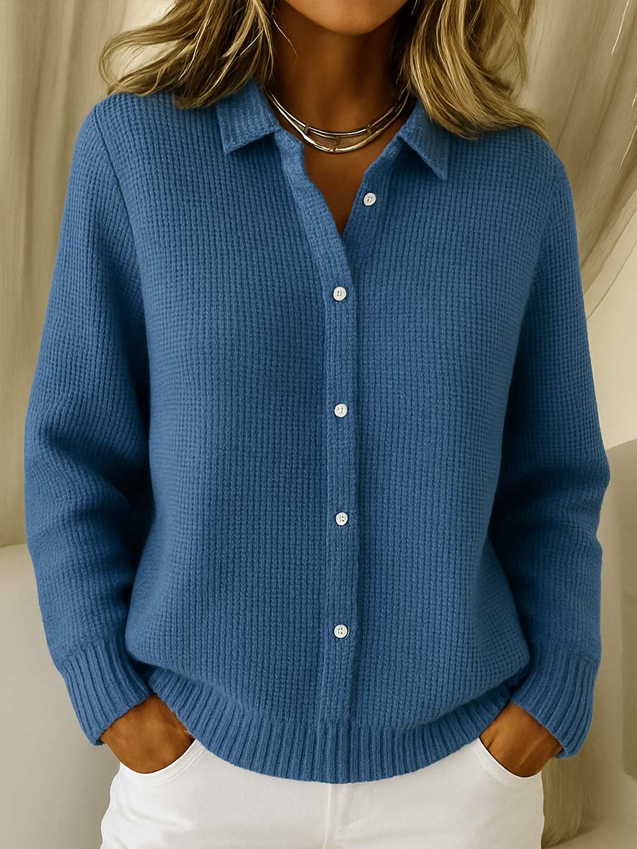 Women's textured knit cardigan with shirt collar, long sleeves and button front