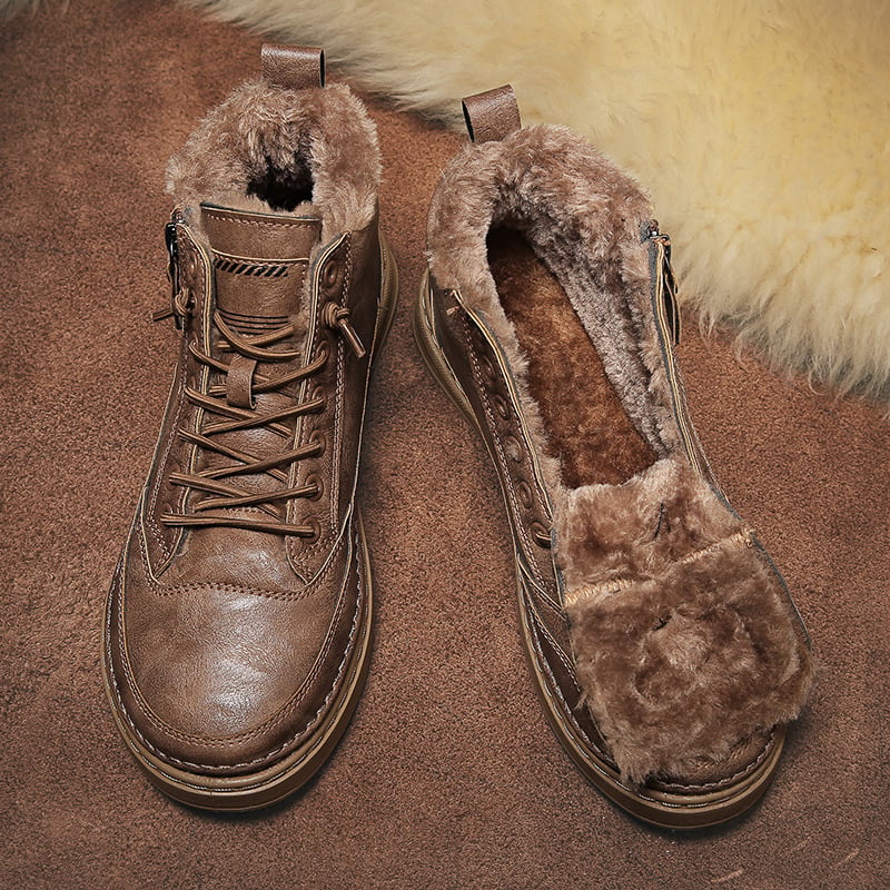 Men's lace-up fur-lined ankle boots with round toes and side zips