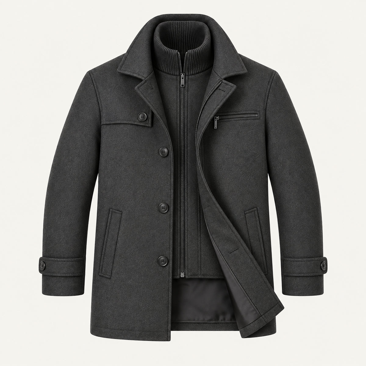 Men's structured winter coat with button front, chest zip pocket and adjustable cuffs