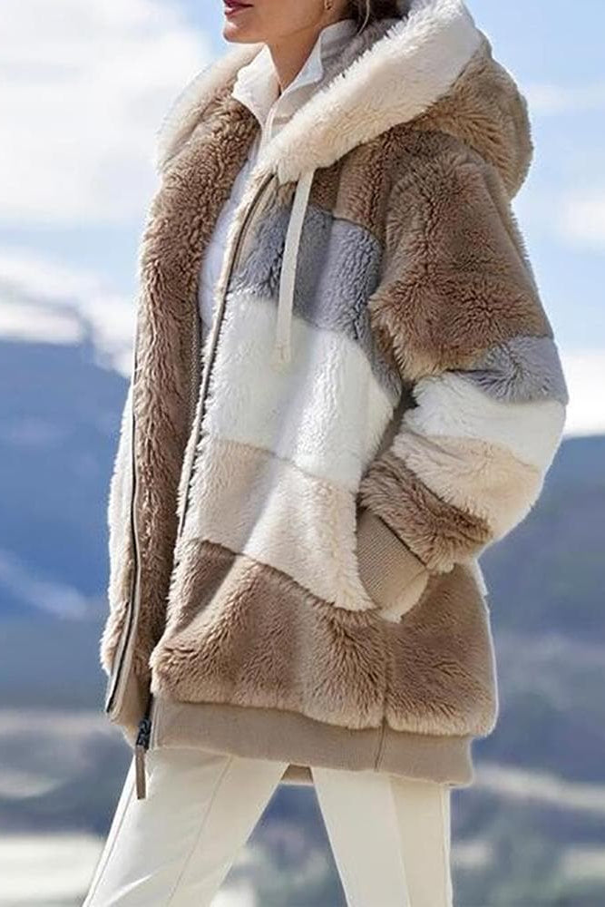 Women's colour-block hooded zip jacket with long sleeves and front pockets