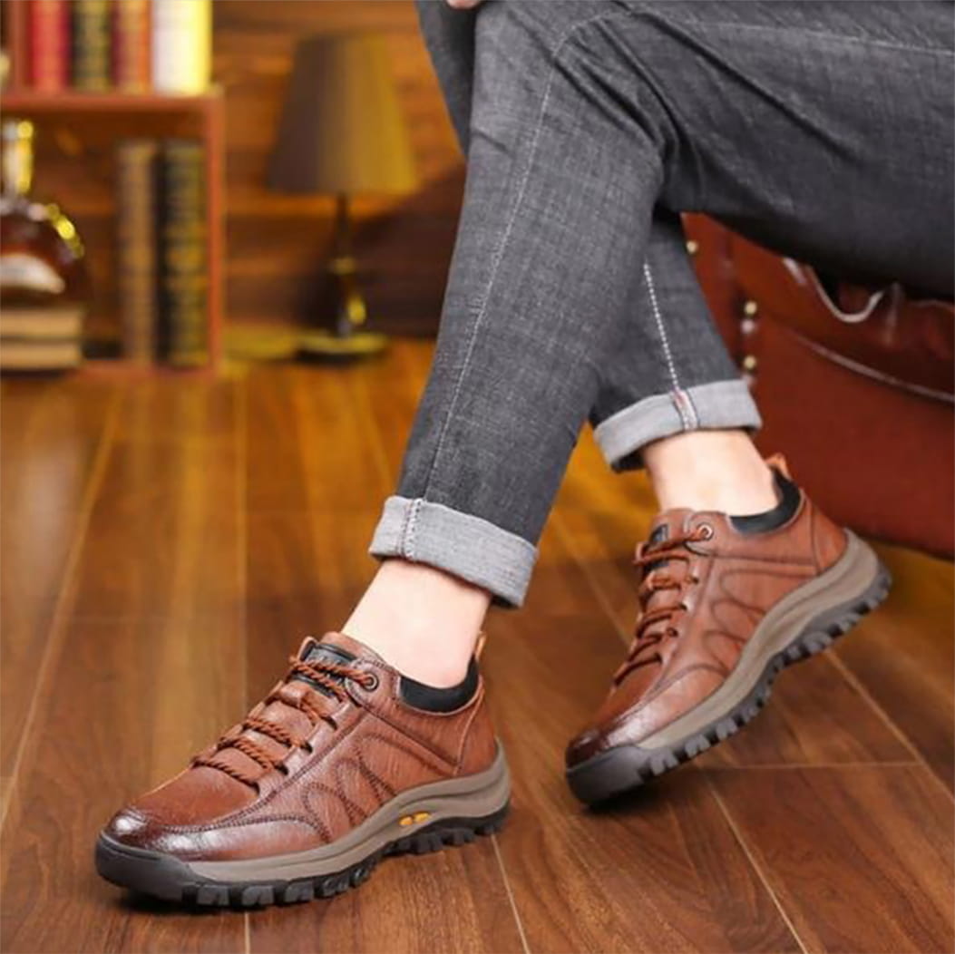 Men's Walking Shoes Leather Lace-Up Chunky Sole - Brown