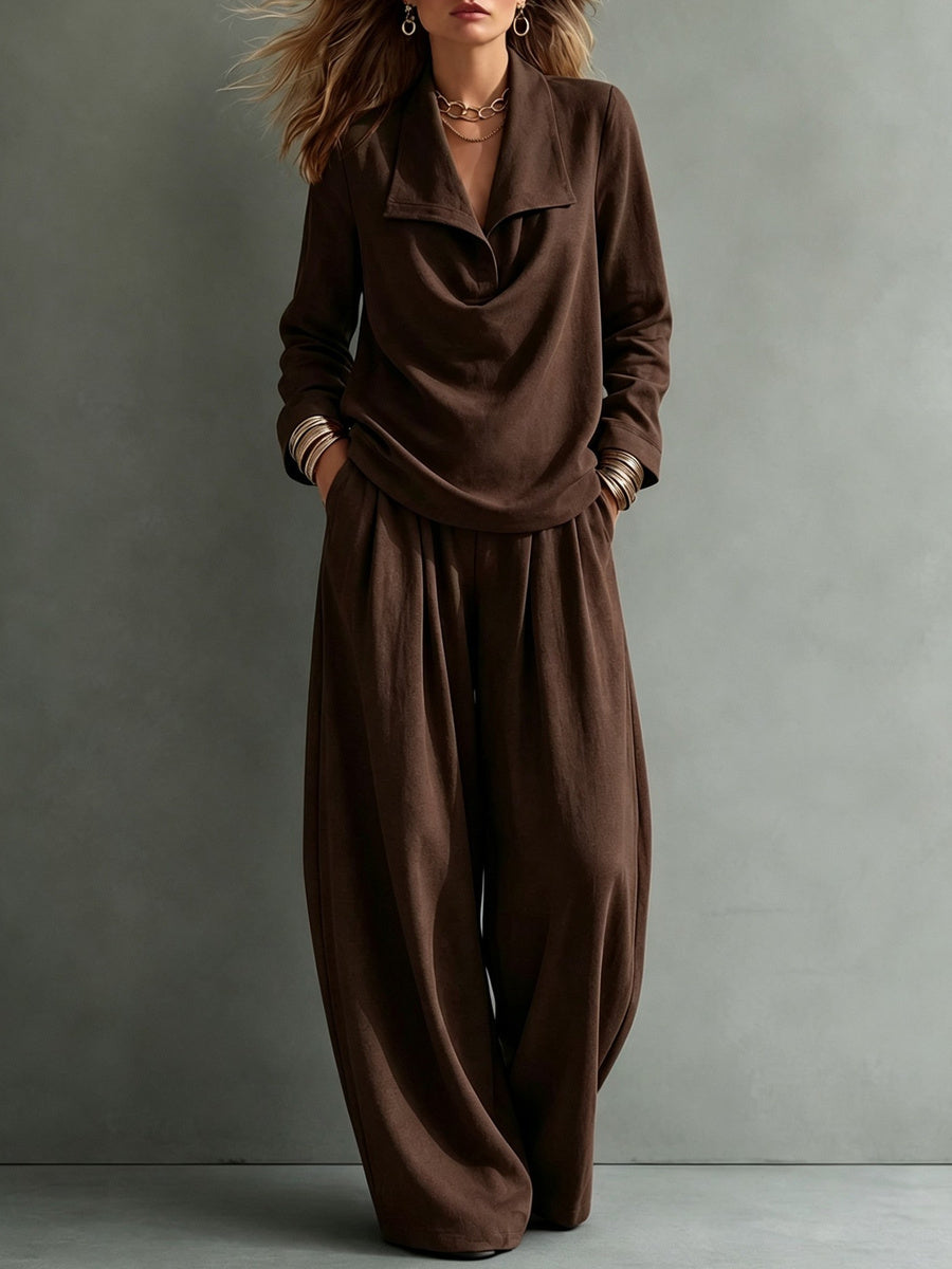 Women's lapel two-piece outfit with long-sleeve top and wide-leg trousers