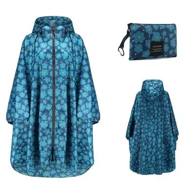 Patterned hooded rain poncho with zip front and wide sleeves