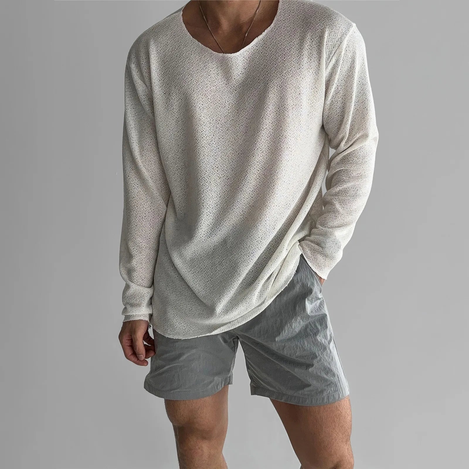 Men's Knit Jumper Open-Knit Long Sleeve Crew Neck - White