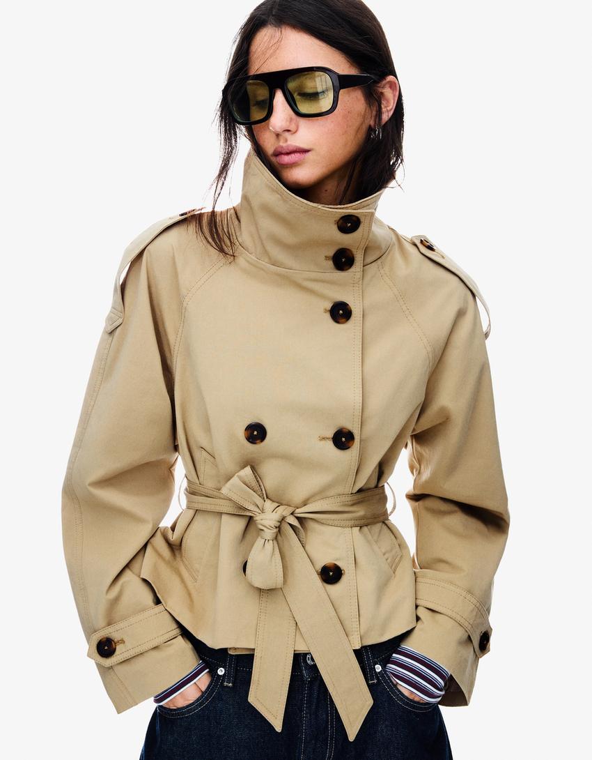 Women's cropped trench jacket with high collar, button front and belted waist