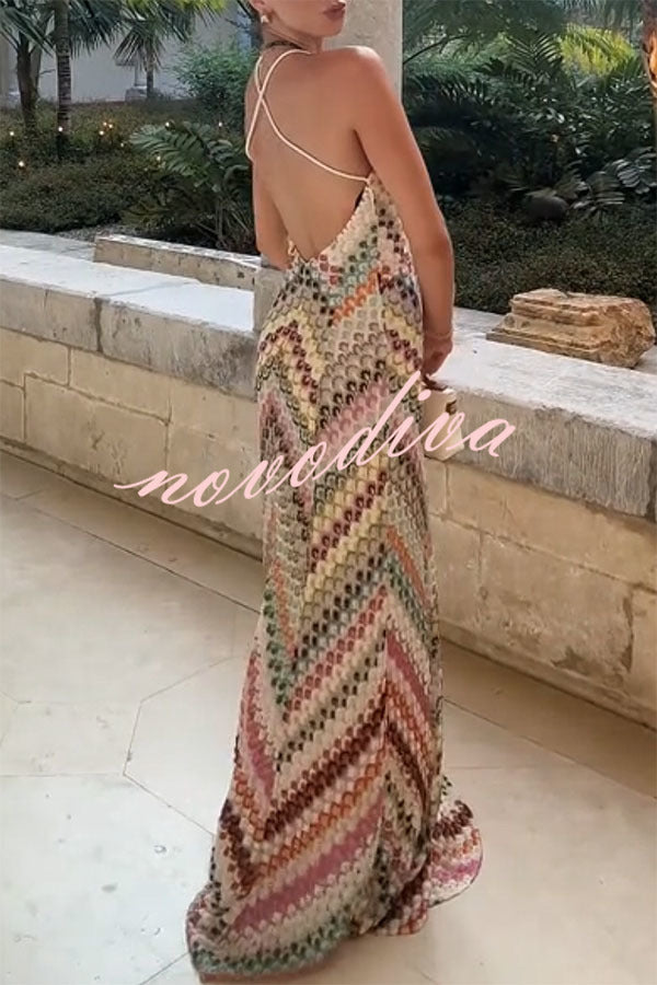 Women's multicoloured geometric knit maxi dress with V-neck and spaghetti straps