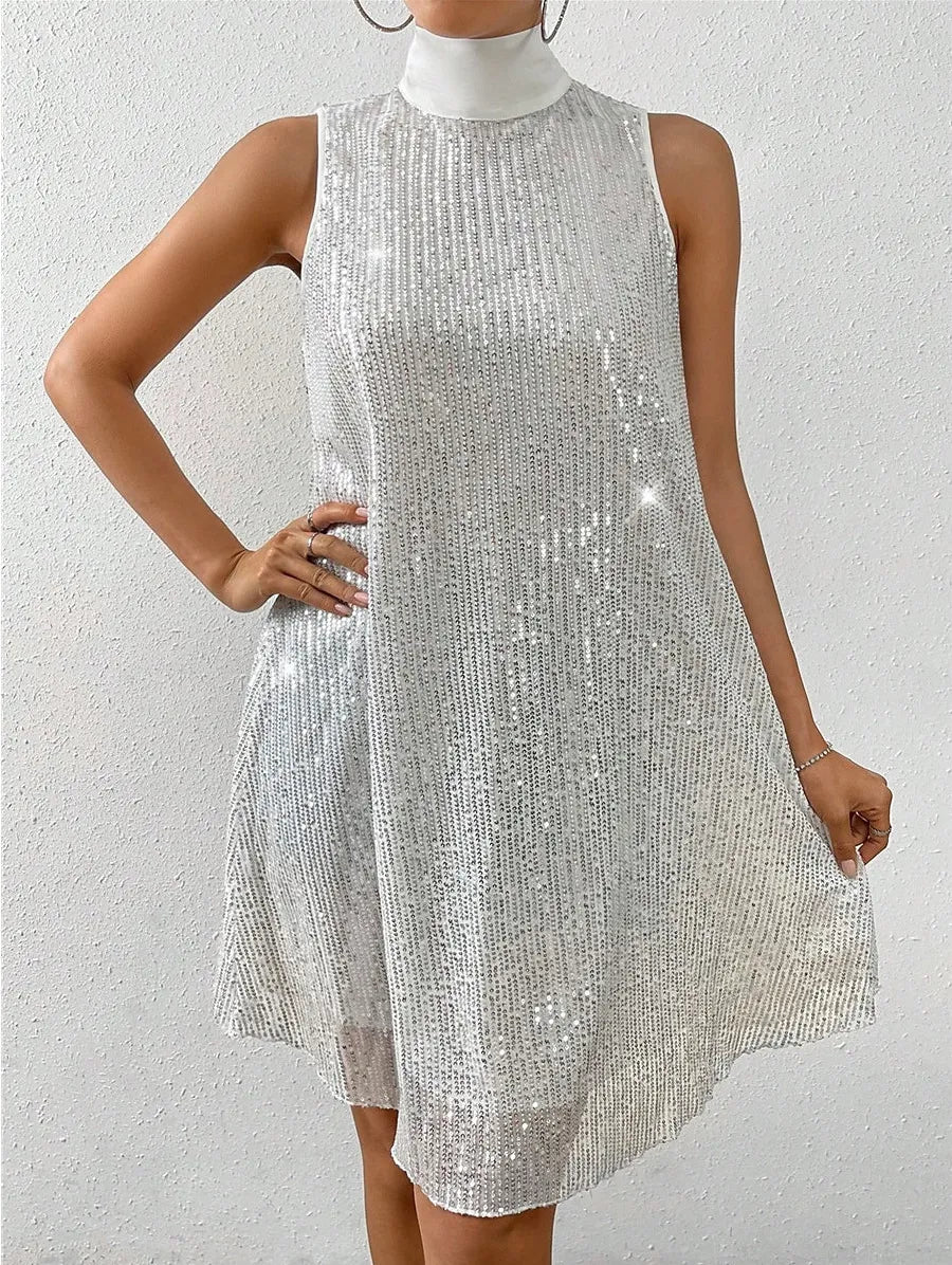 Women's sleeveless sequin mini dress with mock neckline and A-line shape