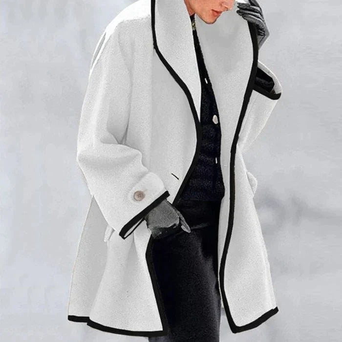 Women's contrast trim coat with wide lapel collar and long sleeves