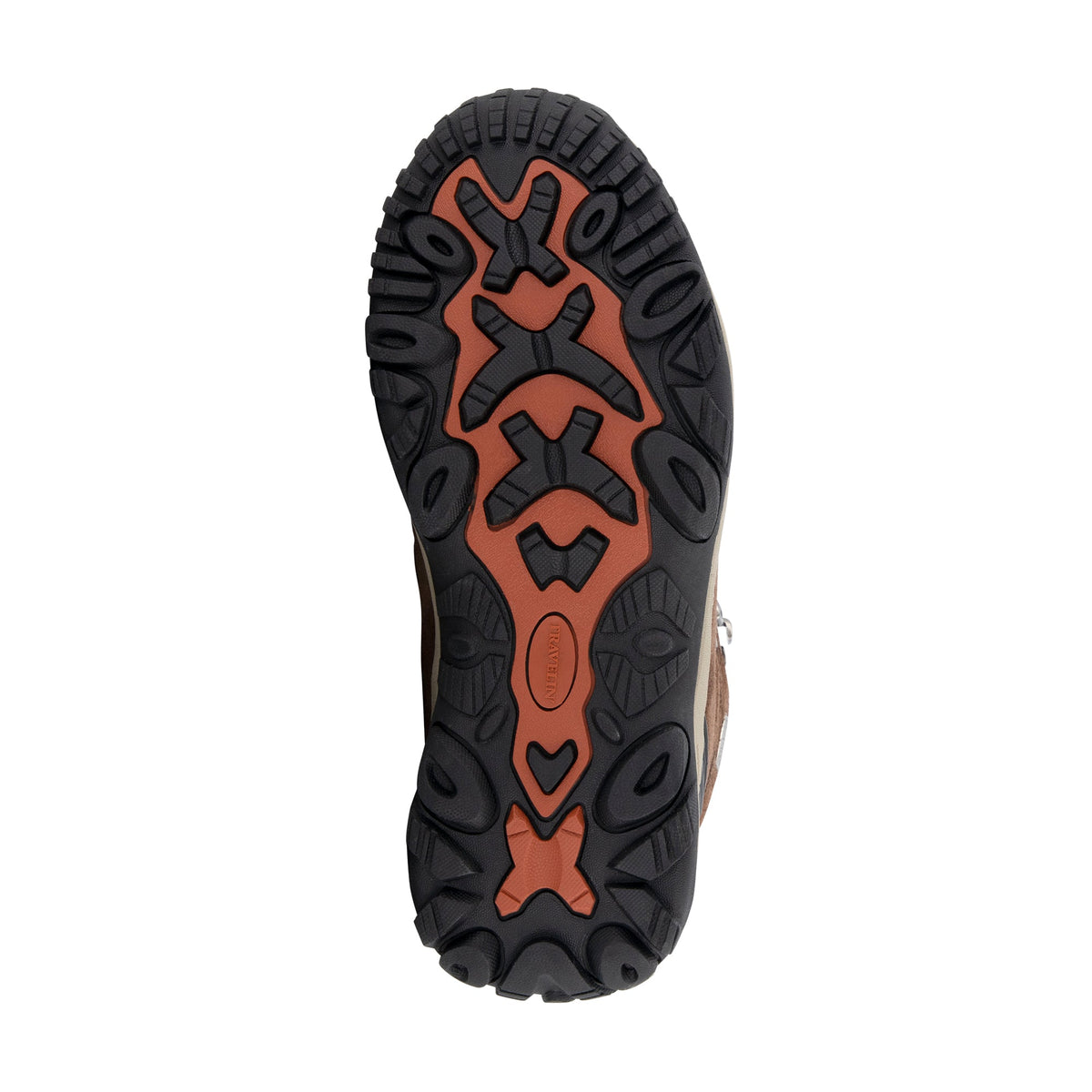 Brown high-top hiking boots with orange laces and lugged soles