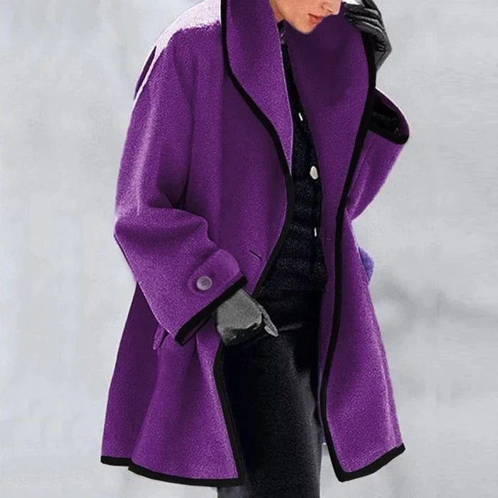 Women's contrast trim coat with wide lapel collar and long sleeves
