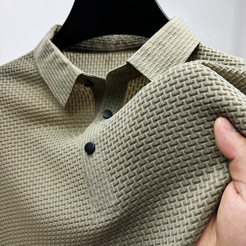 Men's Polo Shirt Textured Woven Short Sleeve - Beige