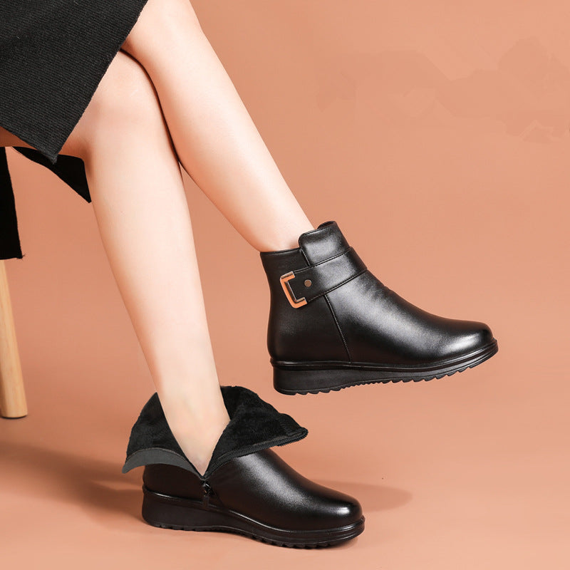 Women's ankle boots with plush collars, buckle straps and textured soles