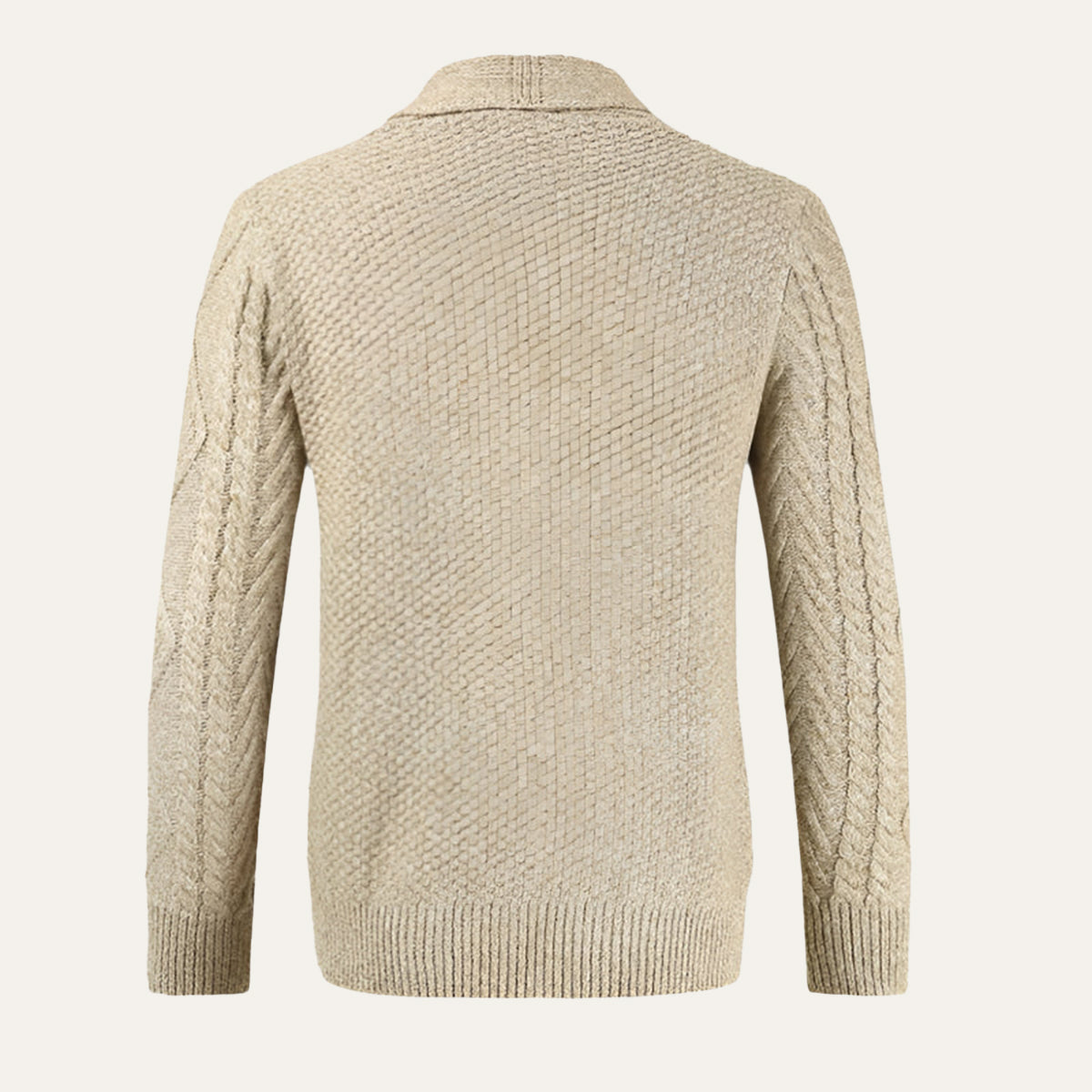 Men's textured cable knit cardigan with shawl collar, buttons and front pockets