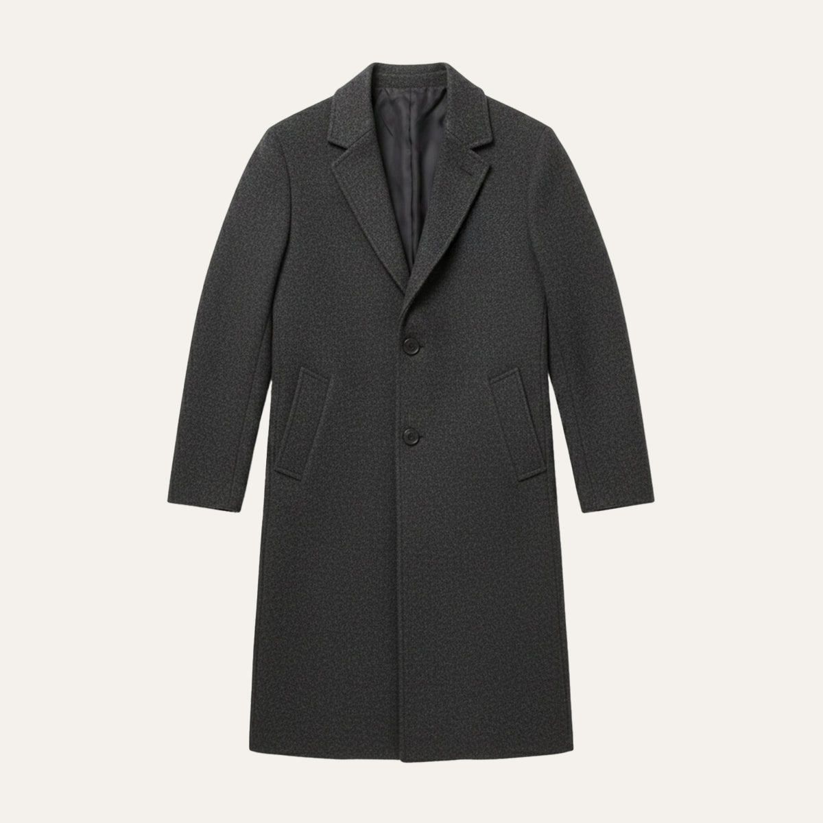 Men's long button overcoat with notched lapels and side pockets
