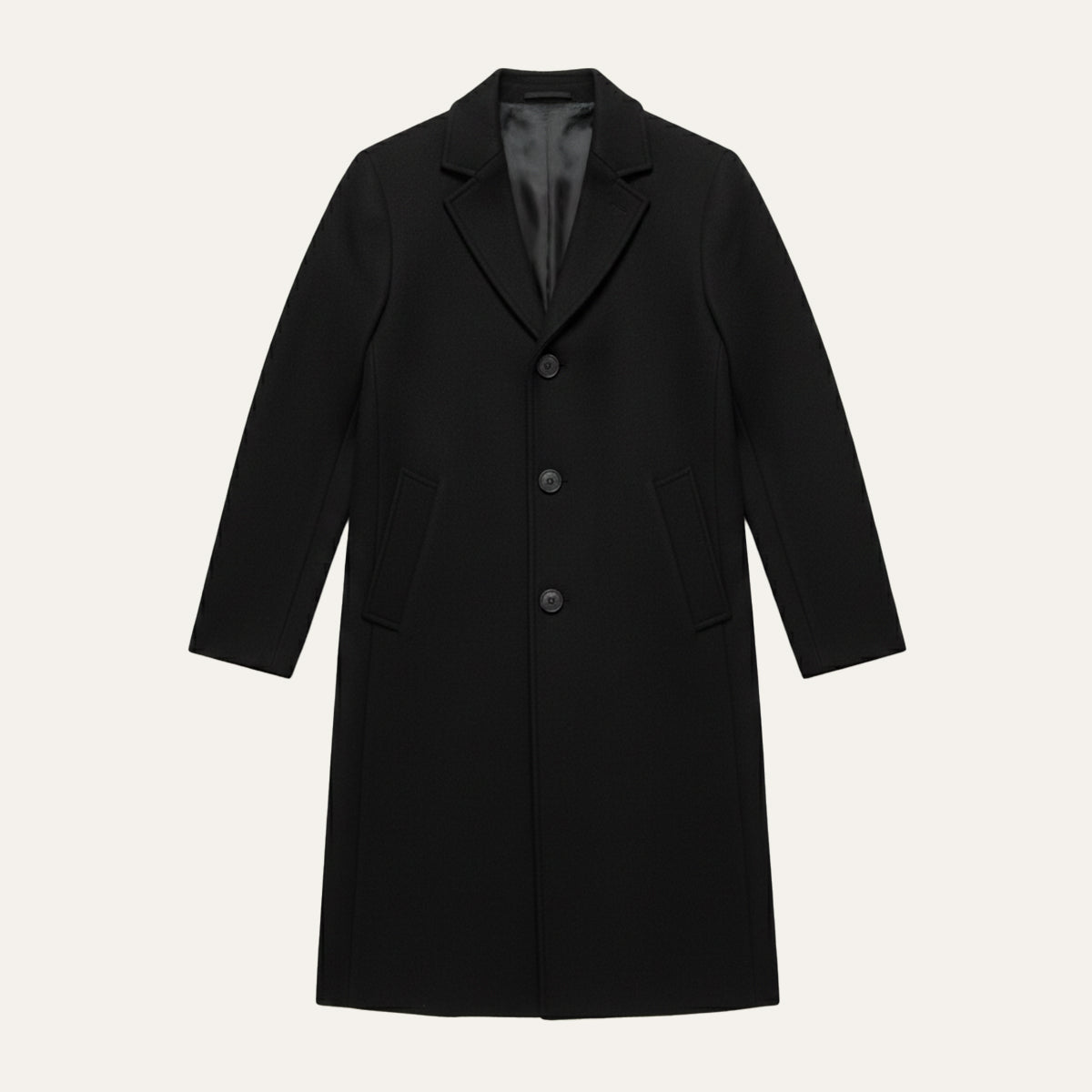 Men's long button-front overcoat with notched lapels and side pockets