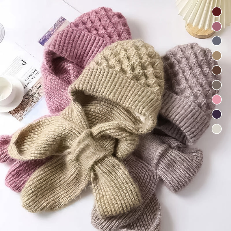 Women's ribbed winter hat and scarf set with ear-covering hat and long scarf
