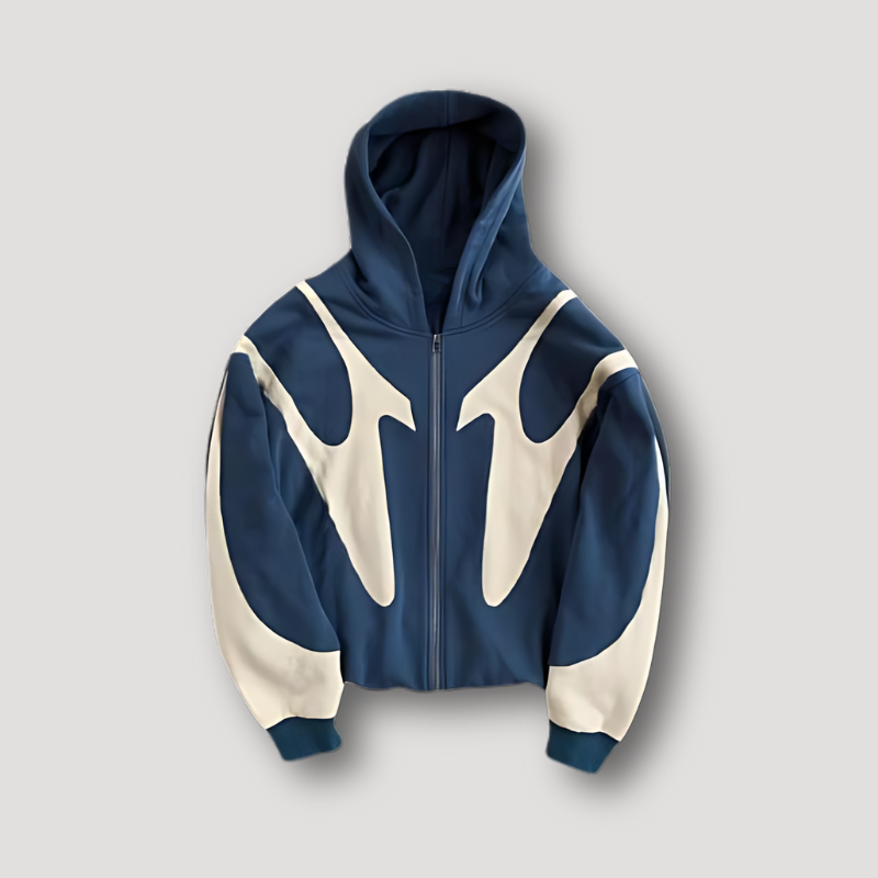 Men's hooded zip-up hoodie with abstract contrasting graphic panels and long sleeves