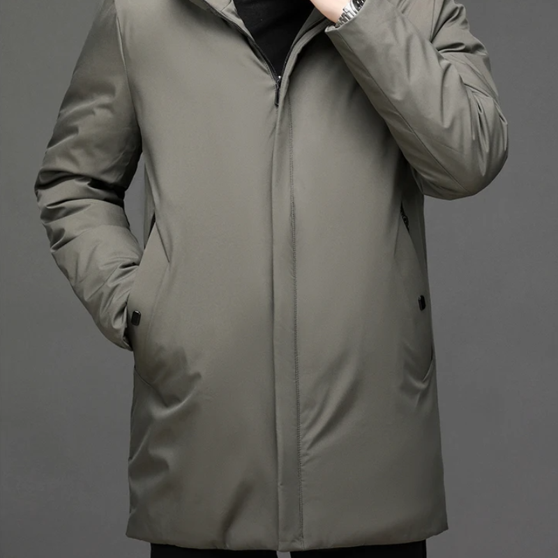 Men's hooded winter coat with long sleeves and front zip