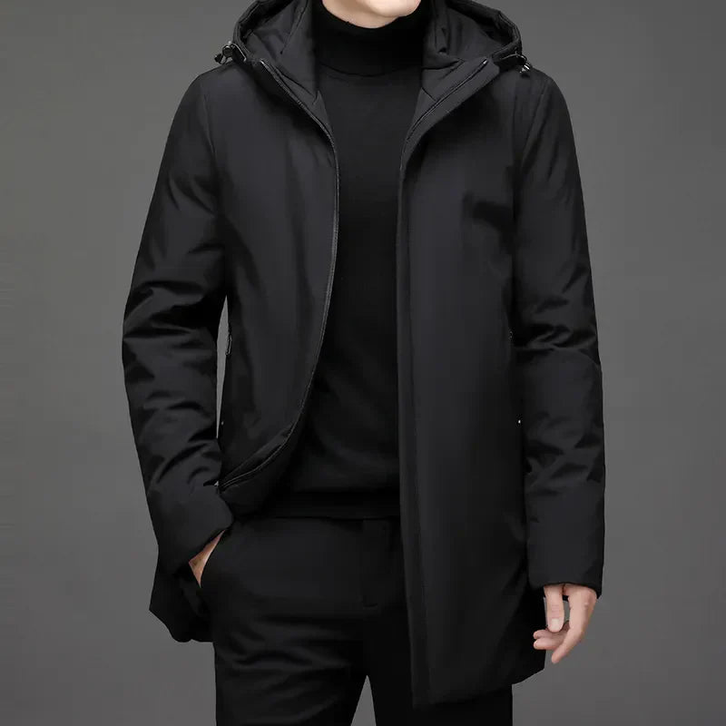 Men's hooded winter coat with long sleeves and front zip