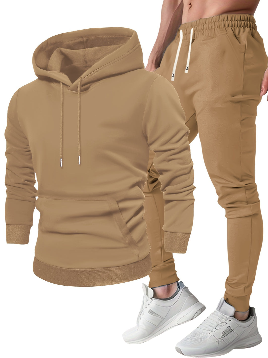 Men's hooded hoodie and jogger trousers set with drawstring details and tapered legs