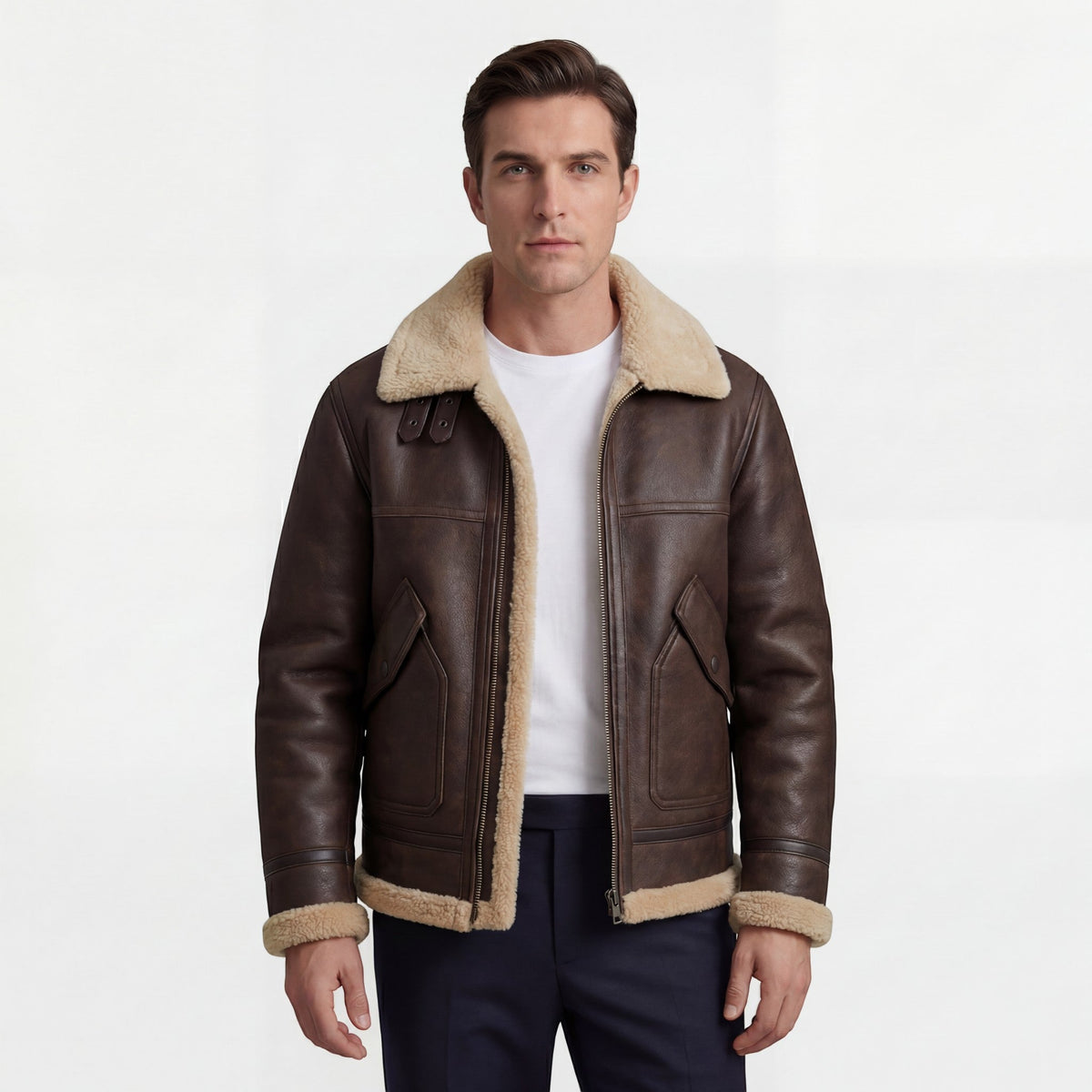 Men's shearling-lined jacket with contrast collar, cuffs and front pockets