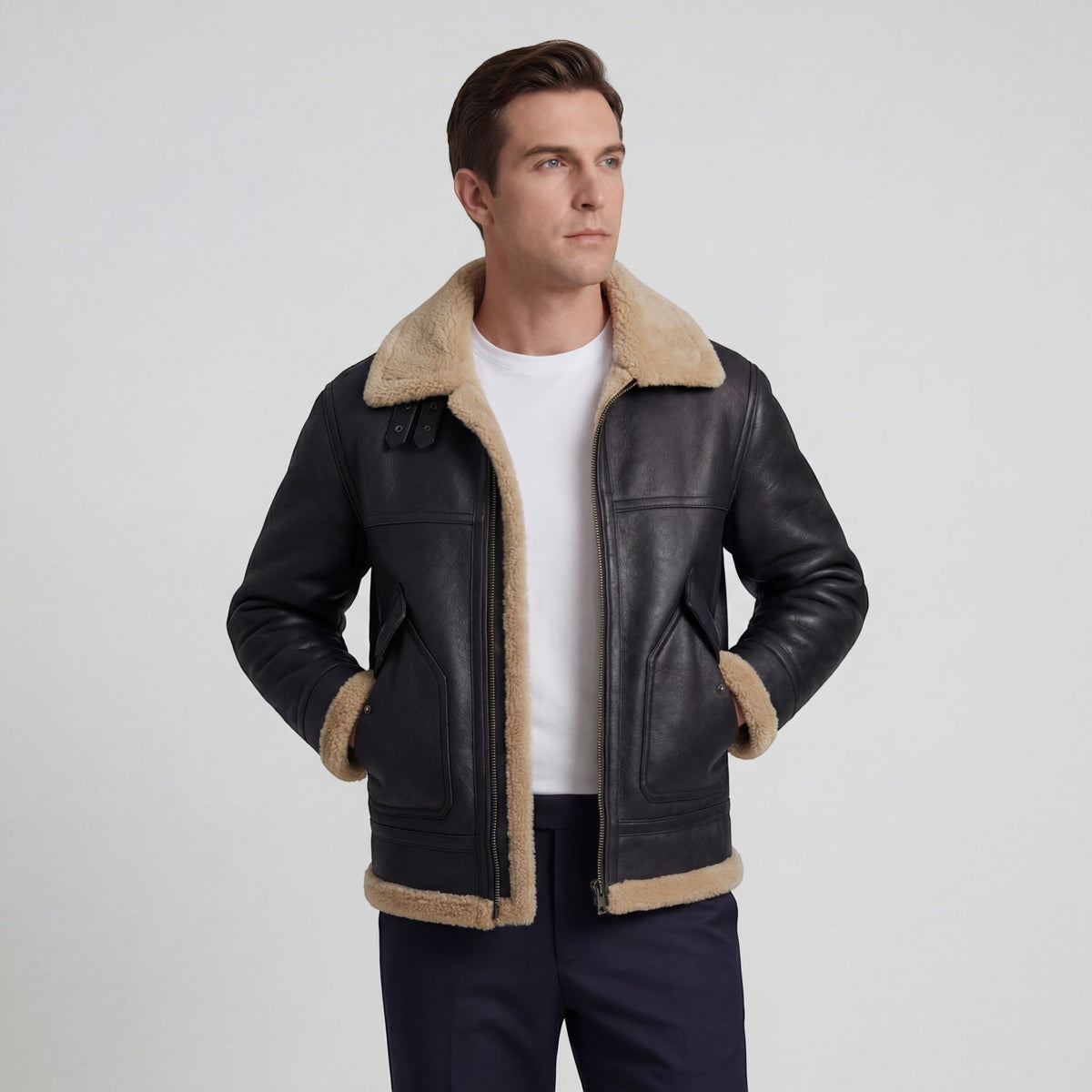 Men's shearling-lined jacket with contrast collar, cuffs and front pockets