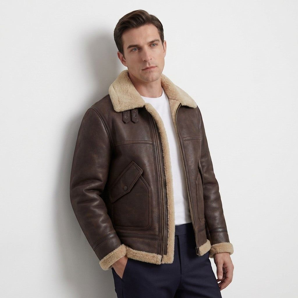 Men's shearling-lined jacket with contrast collar, cuffs and front pockets